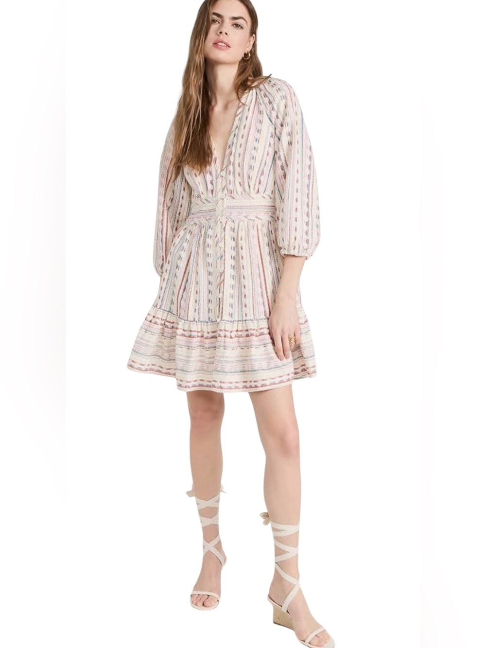 Shoshanna Breeze linen blend Cream long sleeve Mini Dress Multi Stripes small
